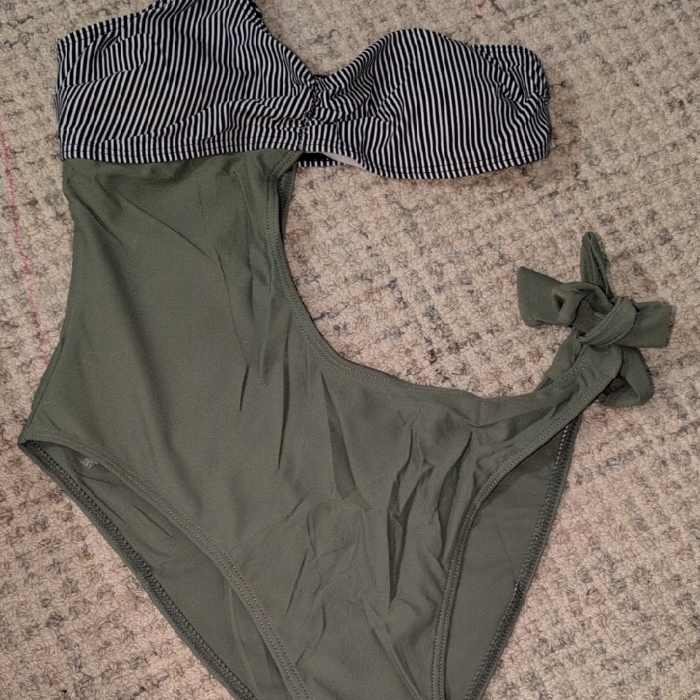 Striped and Olive Green One-Piece Swimsuit Rib Cutout